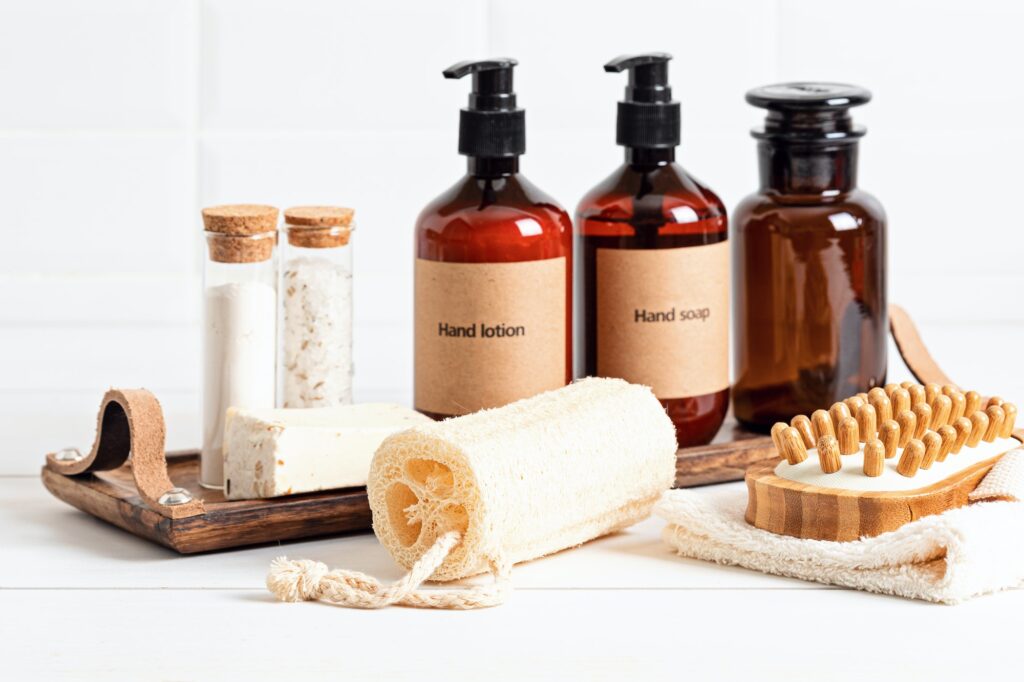 Bathroom styling and organization. Organic lifestyle and skin care products