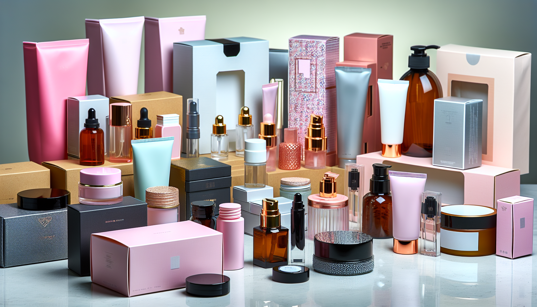 Various cosmetic packaging supplies on display