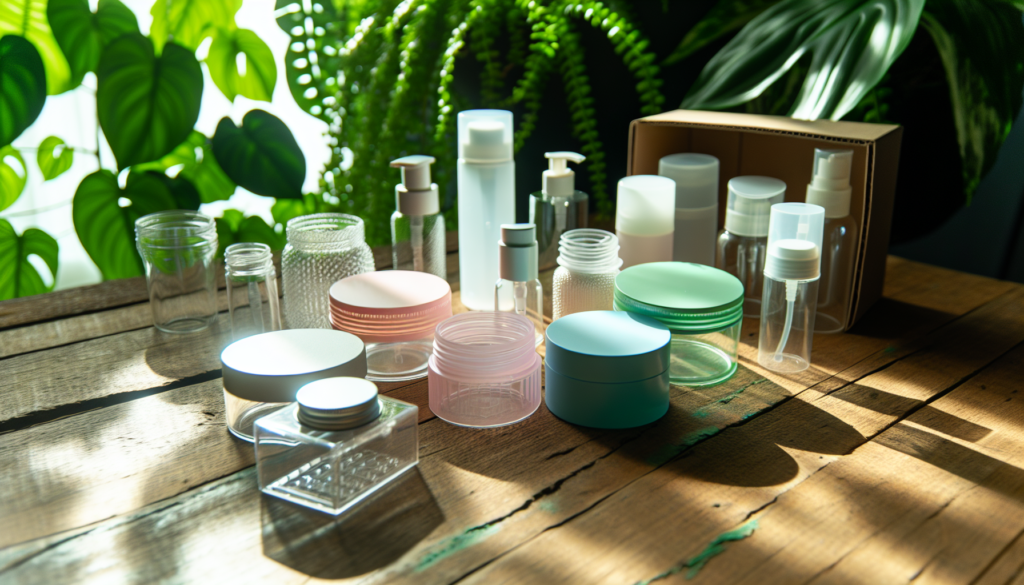 Various sustainable cosmetic packaging materials including glass containers, recycled plastics, and biodegradable options