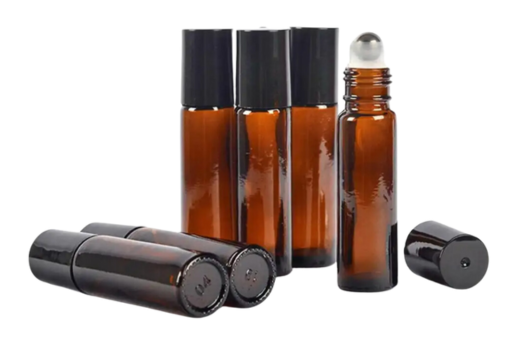 Set of classic brown cylindrical roller bottles with black caps