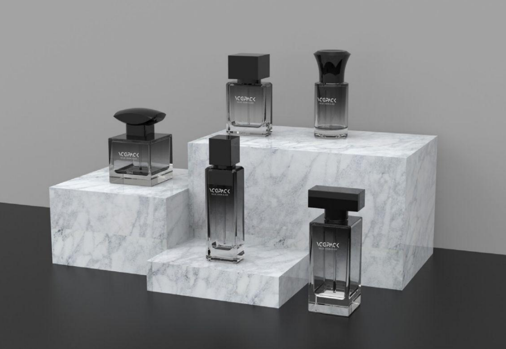 VCPAK’s square glass perfume bottles with sleek black caps in various shapes