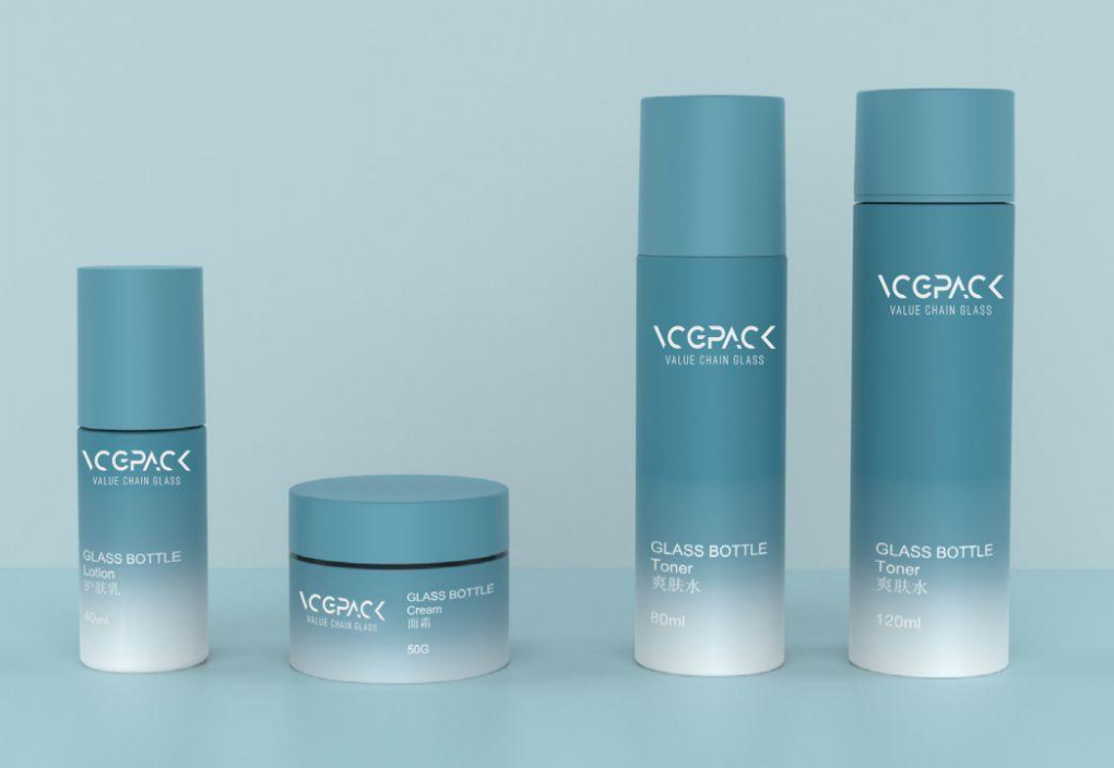 VCPAK’s straight cylindrical glass skincare bottles in blue gradient with various sizes