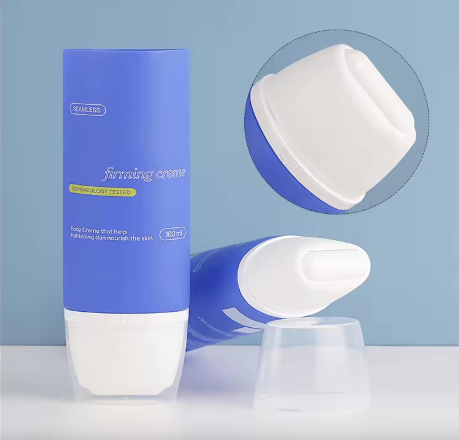 Cosmetic plastic packaging tube with a roller applicator for body care and skincare products.