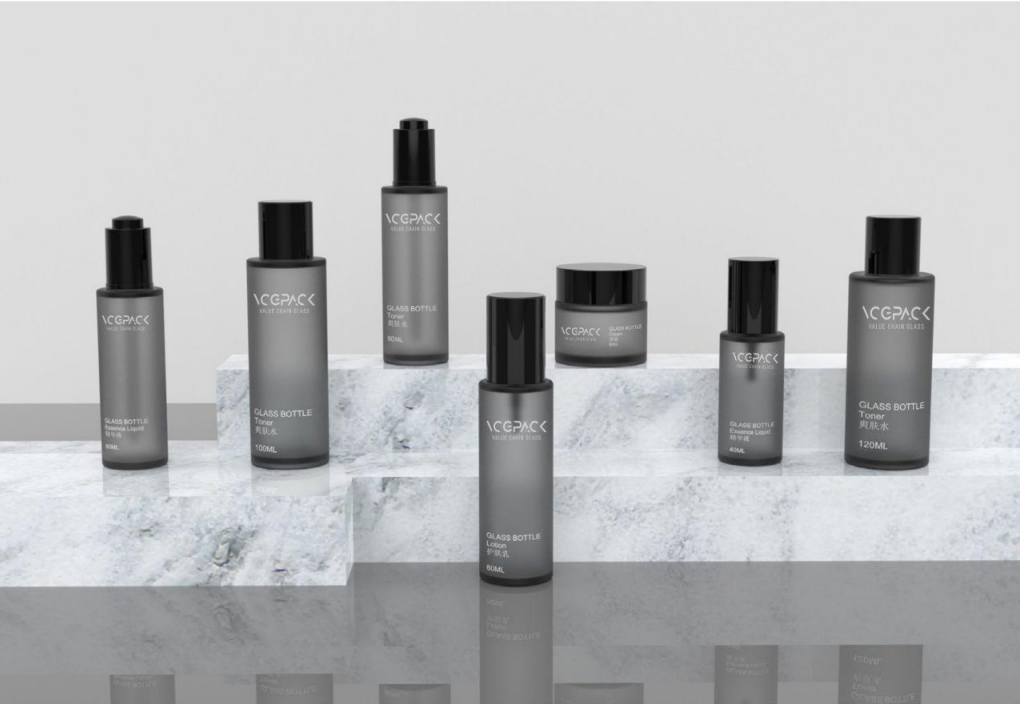 VCPAK’s straight round flat-shoulder glass skincare bottles in a matte black finish