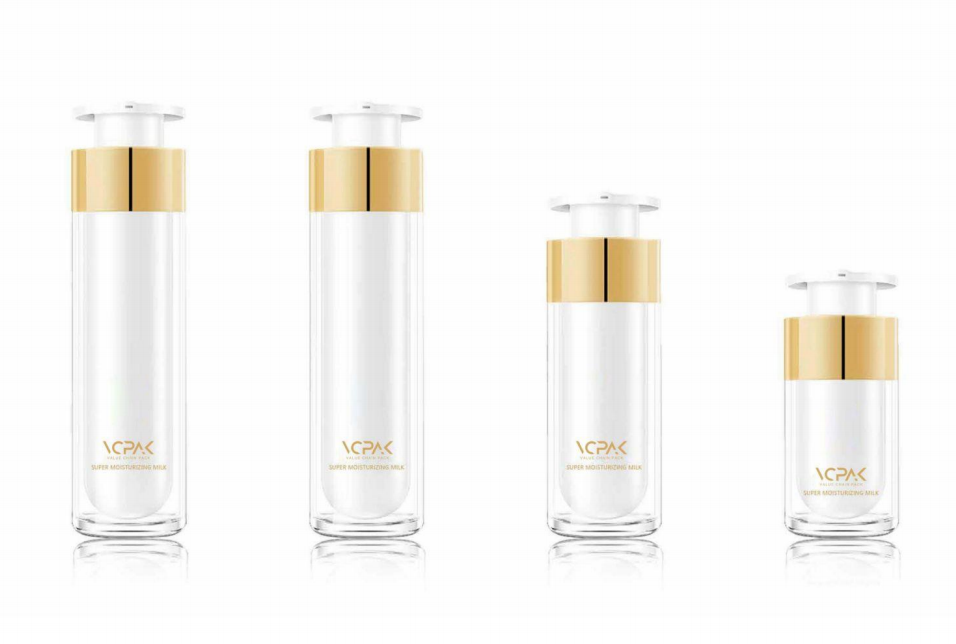 Acrylic heart-shaped lock airless bottle series with gold accents.